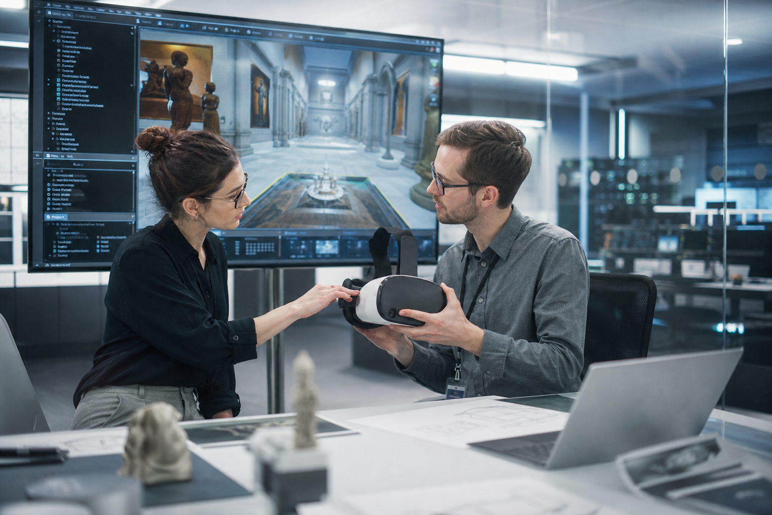RUNIX DATA development team reviewing VR museum environment with headsets and screens