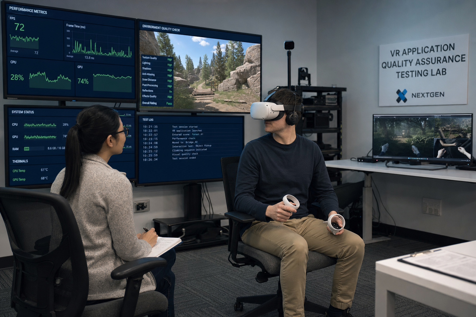 VR experience analytics and quality assurance testing environment