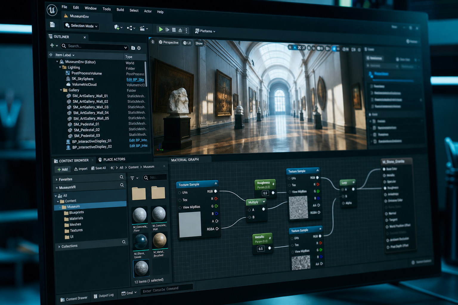 VR development environment showing museum scene graph and material nodes
