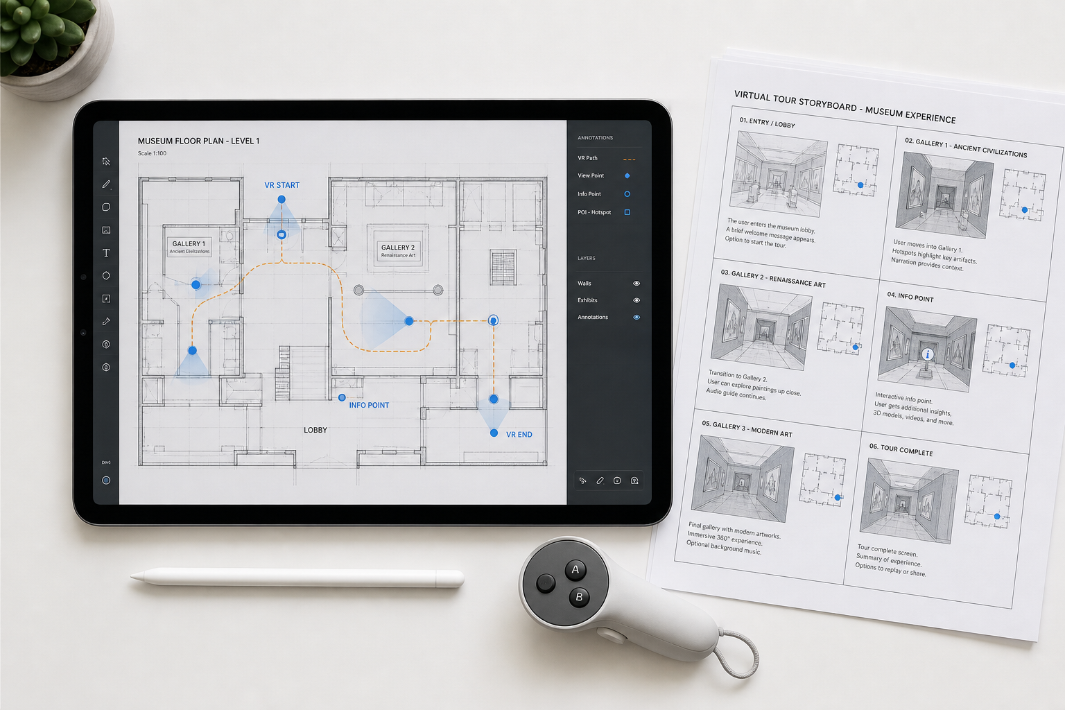 VR tour content design workspace with museum floor plans and storyboards