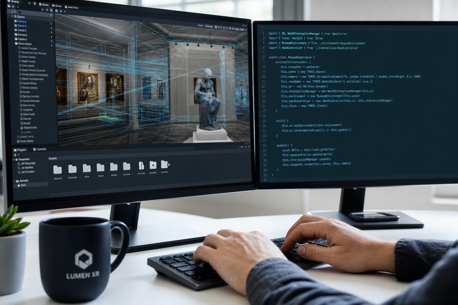 Developer building VR museum tour application on dual monitors